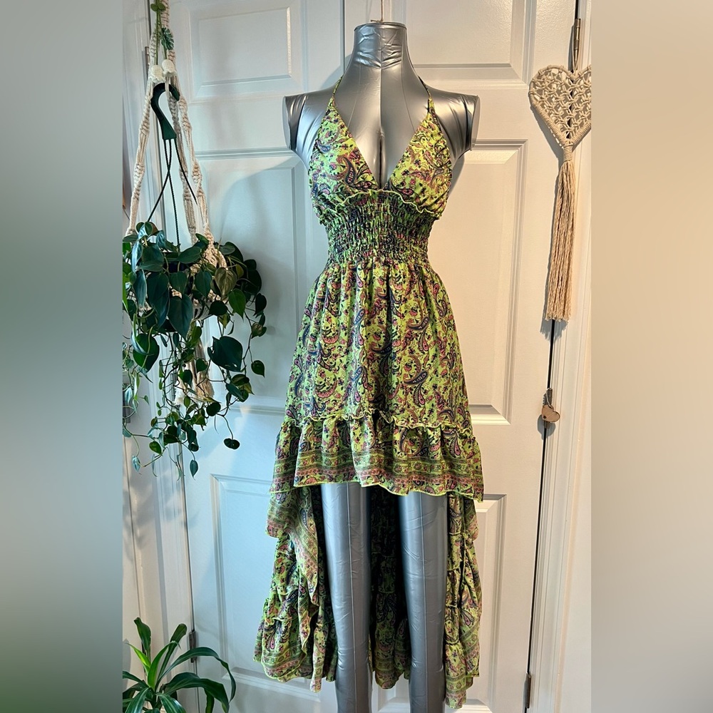 Floral Green Halter Hi-Low Ruffle Dress